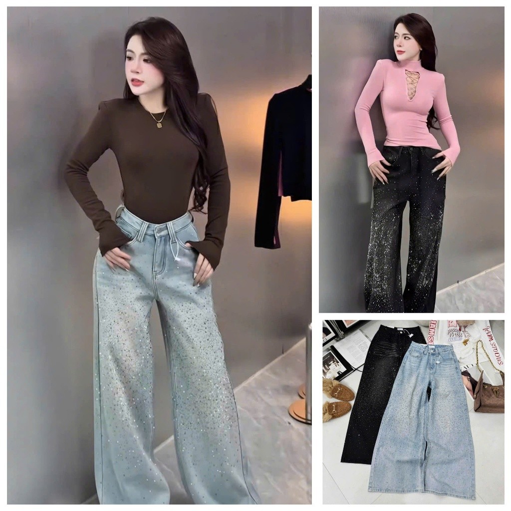 [Follow shop nhận mã 10k] Quần dài jeans denim bò suông đính đá Meo Meo Shop QD1306 5392