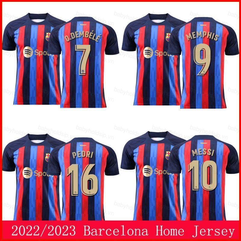 Áo lưu niệm Barcelona 2022-2023 sân nhà với hình ảnh Memphis Depay, Pedri và Messi - BS1/SB1