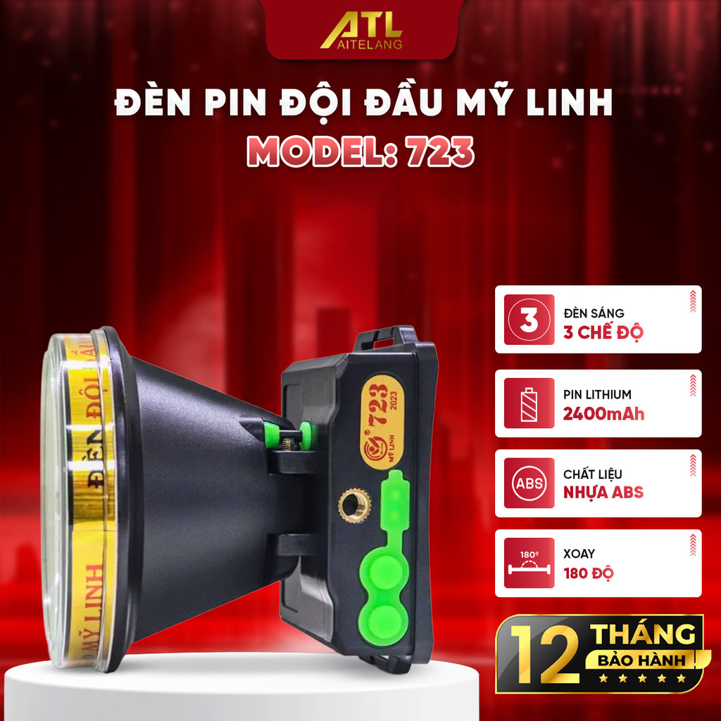 Đèn pin đội đầu siêu sáng 723 Mỹ Linh, đèn pin 2 chế độ sáng, xoay 180 độ, dùng pin lithium 2400mAh