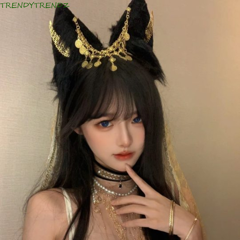Băng đô cosplay Anubis với tai động vật tua rua và đôi cánh vàng hợp kim, phong cách Gothic Ai Cập