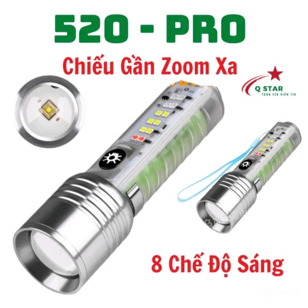 Đèn Pin 520A Pro Siêu Sáng Chiếu Gần Zoom Xa có nam châm 8 chế độ sáng Kháng Nước - freeship