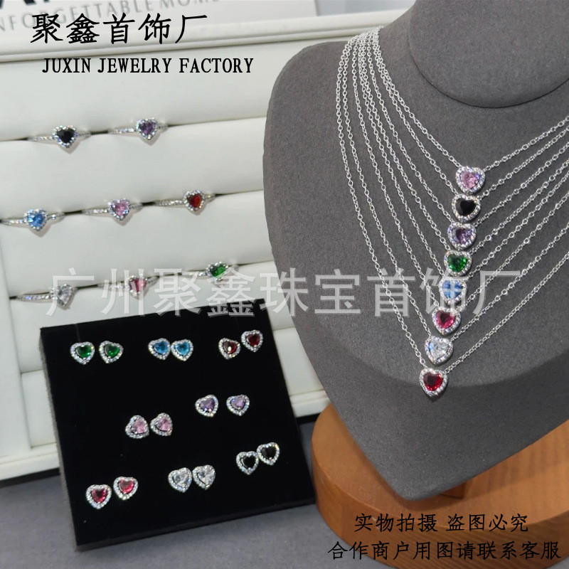 Dora S925Sterling Silver Ring Necklace Earrings Heart Color-Changing Necklace, Ring, and Earring Set