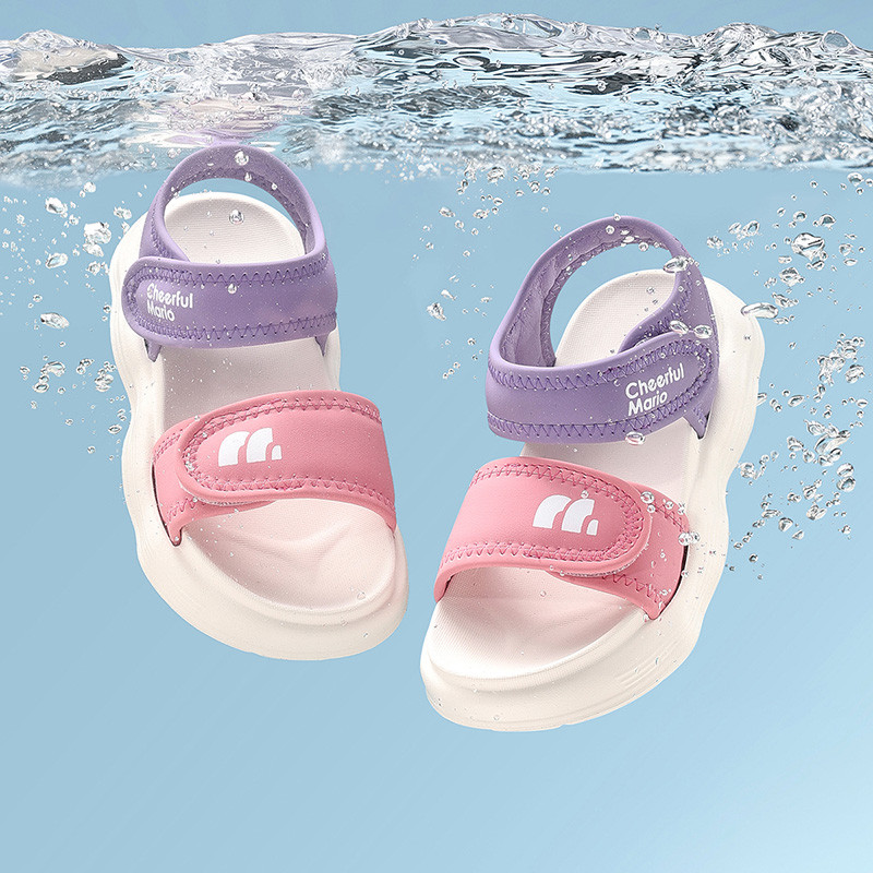 Cheerful Mario giày sandal quai ngang  nữ trẻ em Velcro hai màu hồng và tím, Dép sandal trẻ em không thấm nước và thoải mái