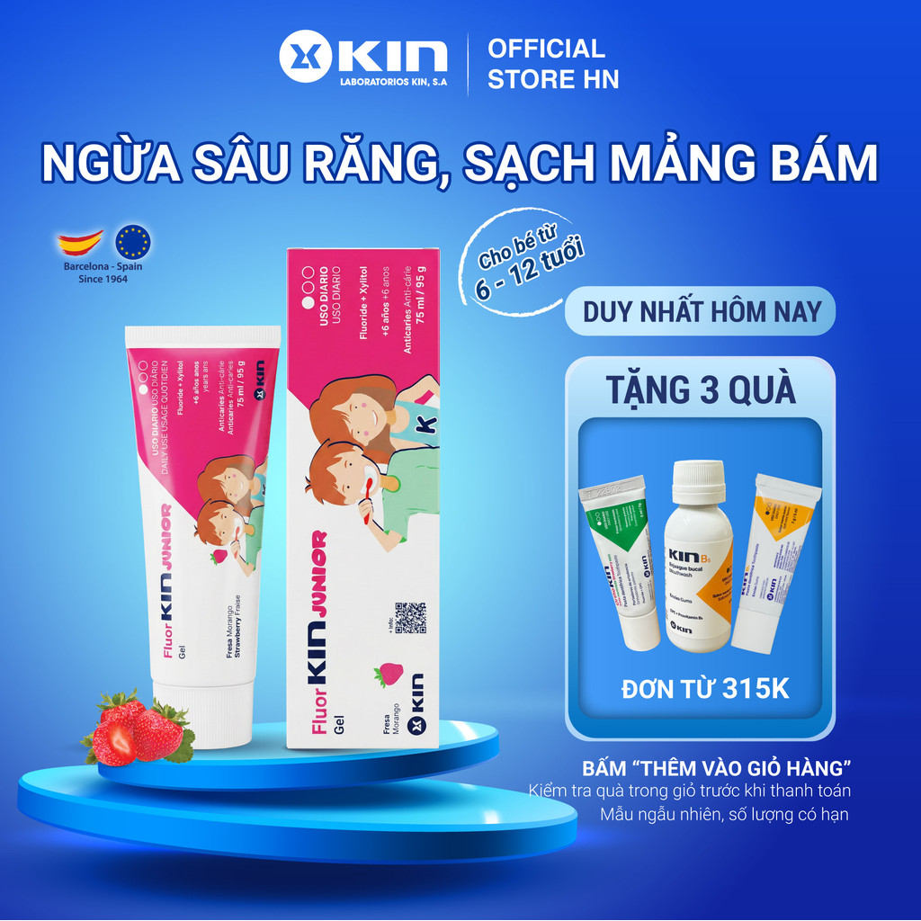 Kem Đánh Răng Kin Trẻ Em Fluor Kin Junior Ngừa Sâu Răng, Sạch Mảng Bám, Cho Bé Từ 6-12 Tuổi, Hương Dâu, 75ml