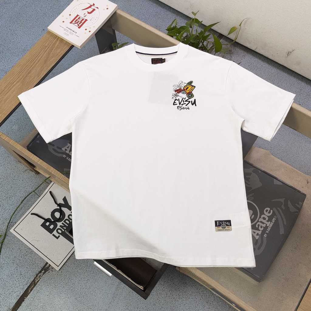 Áo Thun Ngắn Tay Nam EVISU Thần Tài Size 6XL Cổ Tròn Logo Thể Thao Chính Hãng Mới