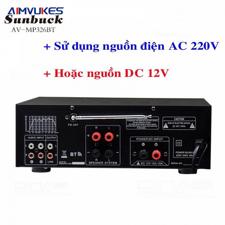 Amply karaoke, Amply mini bluetooth 5.0 SUNBUCK 326BT 220V/12V, công suất cao, 4 cổng Mic đa năng,há