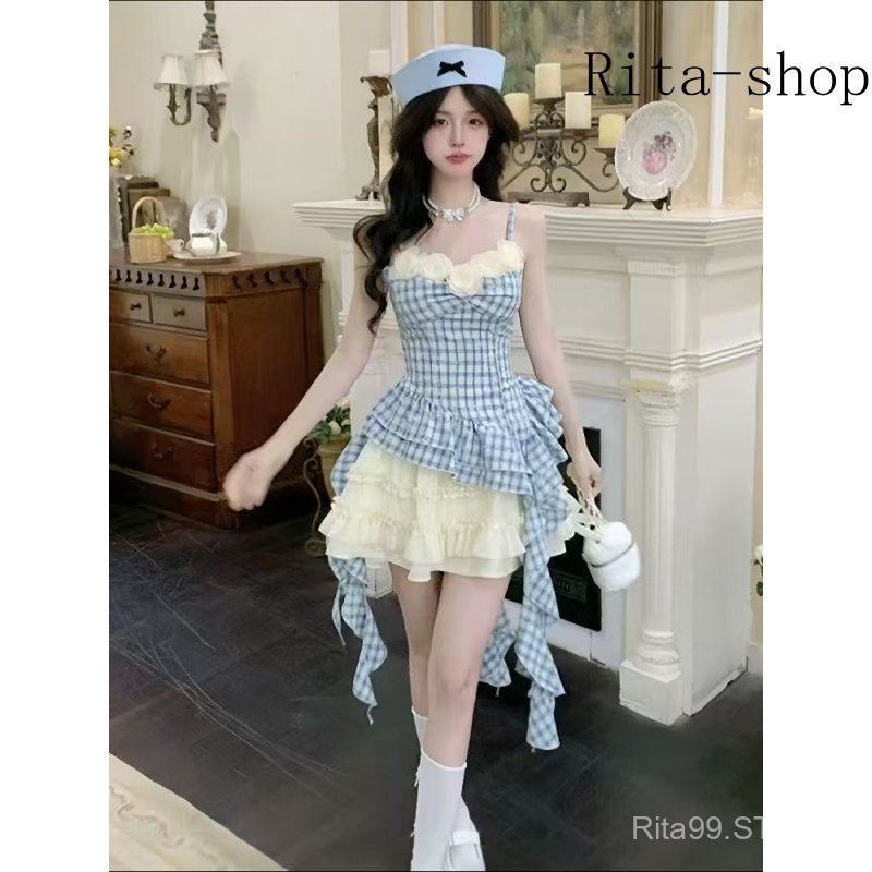 [Pre-Order] Set Váy Caro 2 Món Style Hàn Pháp – Áo Hai Dây + Chân Váy Bất Đối Xứng Ngọt Ngào 