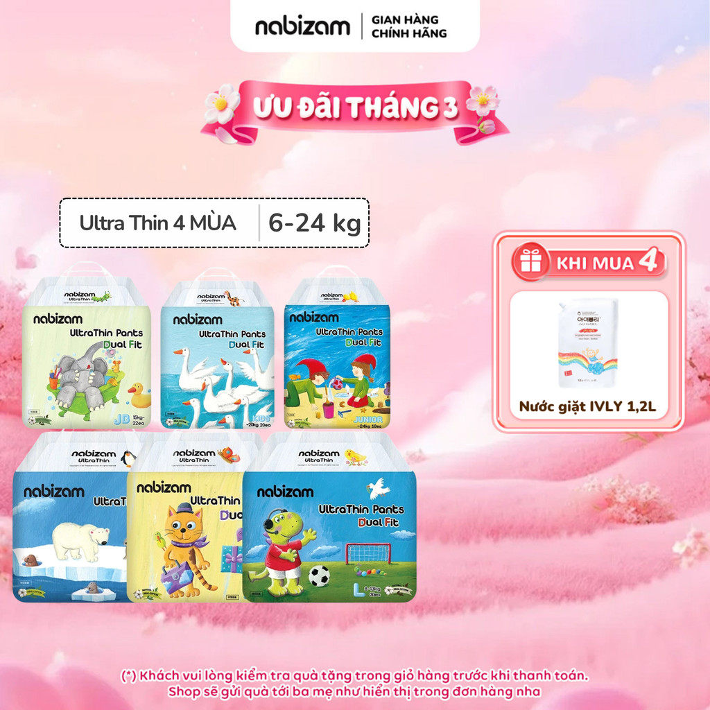 [Quà tự chọn] [4 BỊCH] Tã/Bỉm Quần Nabizam Ultra Thin 4 Mùa Nội Địa Hàn Siêu Mềm Mỏng, Thoáng Khí, Đủ Size Cho Bé 6-24kg