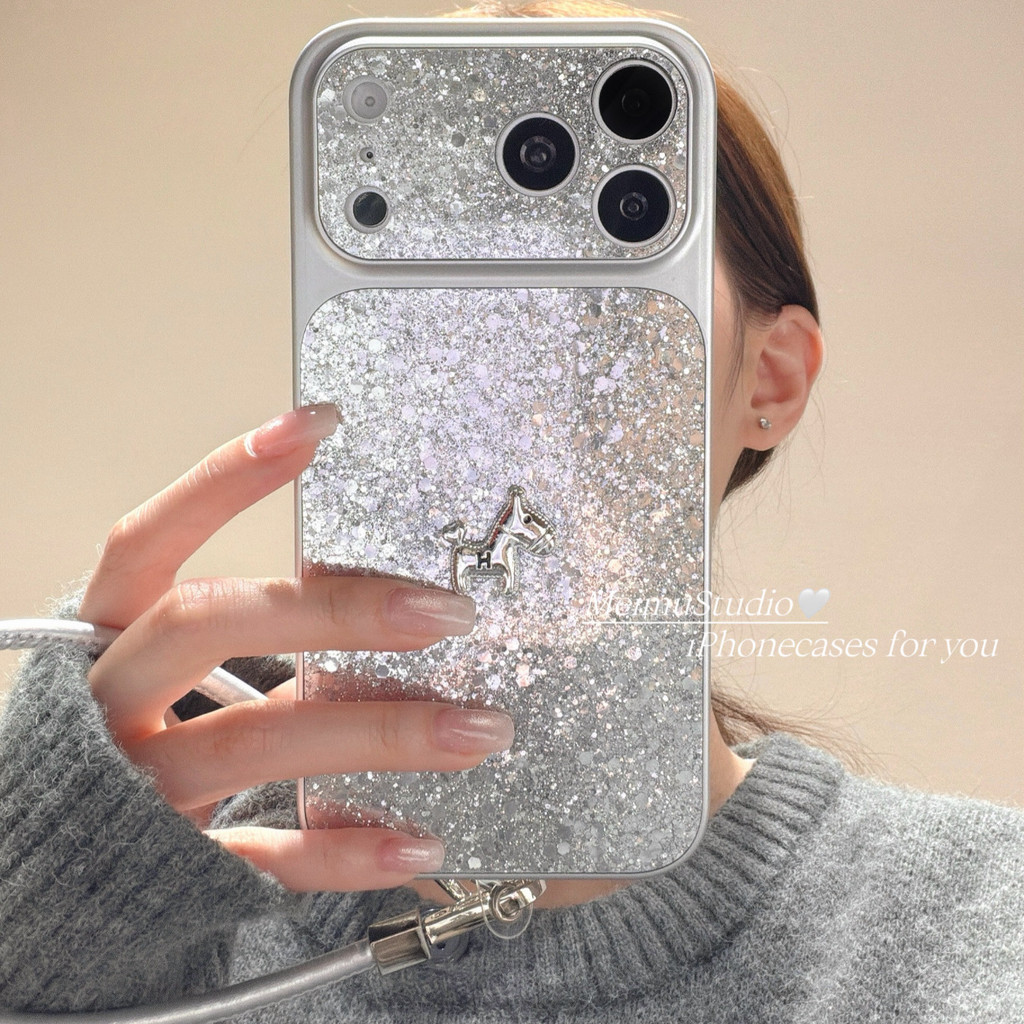 Meimu Luxury ins Bạc Long Lanh Ba Chiều Pony Thích Hợp Cho Apple 17promax Vỏ Điện Thoại iphone16pro 