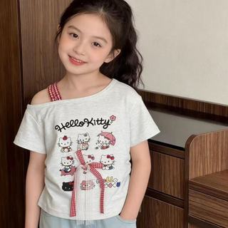 Áo thun Hello Kitty cho bé gái phối nơ ren dễ thương - Áo tay ngắn phong cách Hàn Quốc ngọt ngào