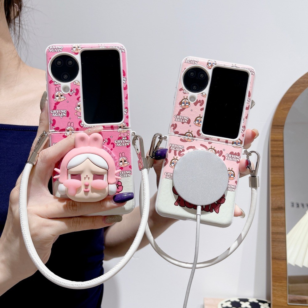 Ốp Lưng Cho OPPO Find N3Flip Ốp Lưng Da Báo Crybaby Chân Đế Thu Hút Từ Tính Dây Tay Dây PC Cứng Vỏ Đ