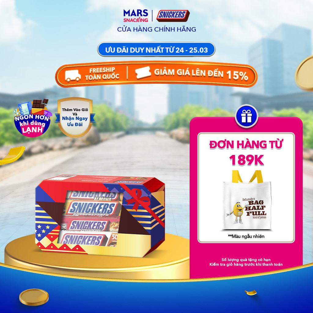 [HSD: 6/2026] Hộp Kẹo Snickers 4 mùi vị dâu,bơ,caramel,hạnh nhân đậu phộng (Hộp 171g)