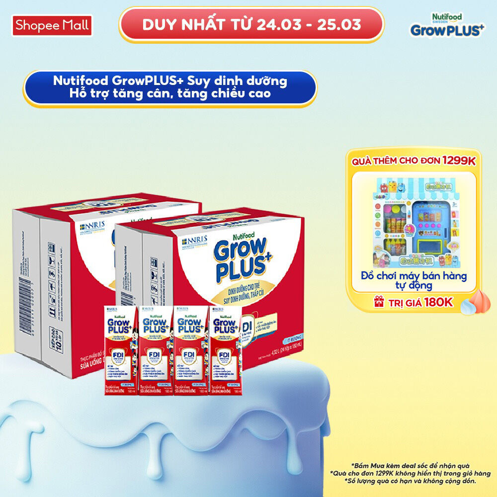Thùng SBPS Nutifood GrowPLUS+ ít đường Suy Dinh Dưỡng - Tăng Cân, Tăng Chiều Cao (48 Hộp x 180ml) (Bao bì tùy lô hàng)