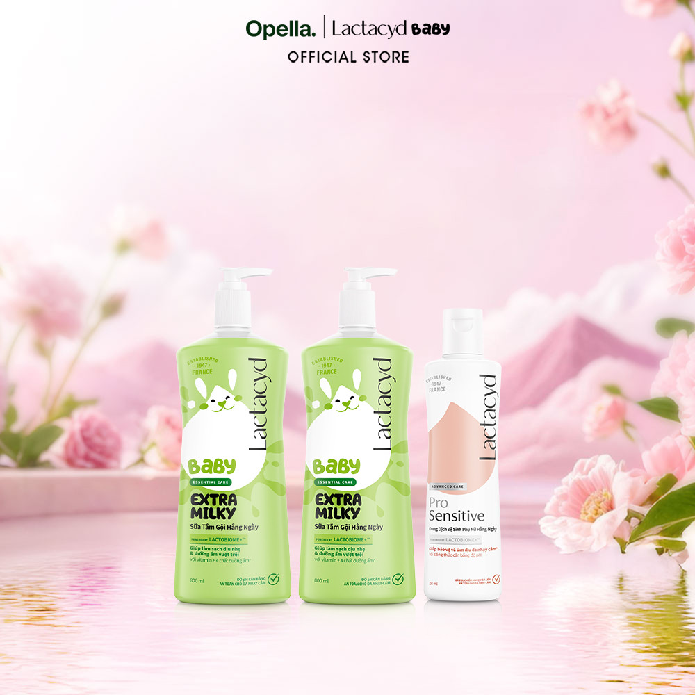 Bộ 2 Chai Sữa Tắm Gội Trẻ Em Lactacyd Baby Extra Milky Size Jumbo 800ml + Chai DDVS Phụ Nữ Lactacyd Pro Sensitive 250ml