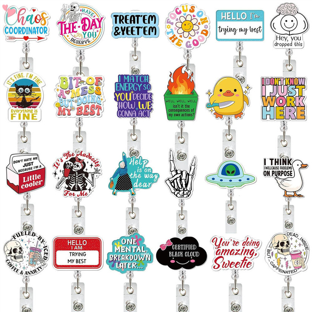 Acrylic Flame Skull Black Cat Badge Reel Holder Retractable with ID Clip for Nurse Nursing Name Tag 