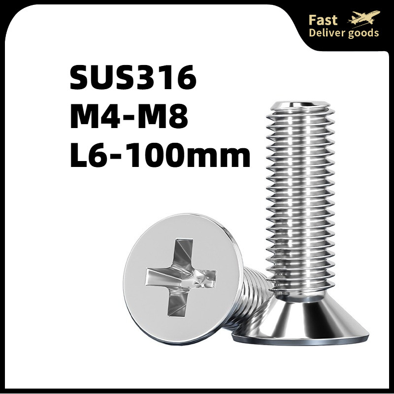 Vít pake đầu bằng inox 316 size M4 M5 M6 M8 , ốc 4 cạnh đầu non inox, ốc vặn tua vít đầu bằng thân b