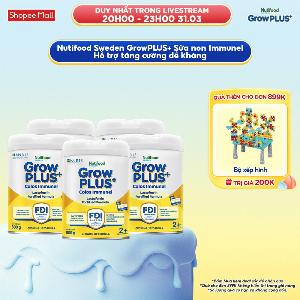 Combo 5 Sữa Bột Nutifood Sweden GrowPLUS+ Sữa Non Immunel trên 2 tuổi lon 800g (Bao bì tuỳ lô hàng)