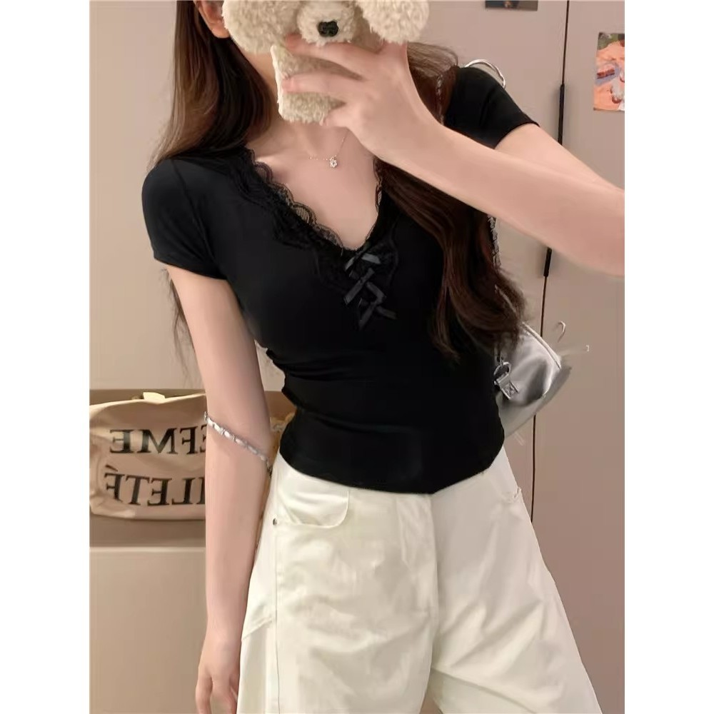 Áo thun nữ ren ren nơ ngắn Slim-fit phong cách Hàn Quốc hàng đầu | BigBuy360 - bigbuy360.vn