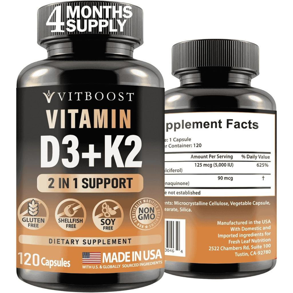 Vitamin D3 K2 Complex-Dễ nuốt-Vitamin D (D3) 5000 International Unit (125 Microgram) và K2 (MK-7) 90