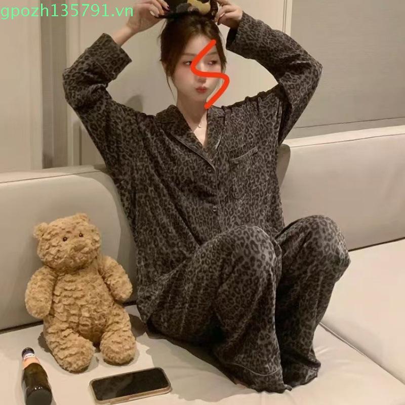 Bộ đồ ngủ nhung Đức họa tiết da báo FDS Bộ đồ mặc nhà dày cổ điển Giữ Ấm Phong Cách Hàn Quốc mẫu mới
