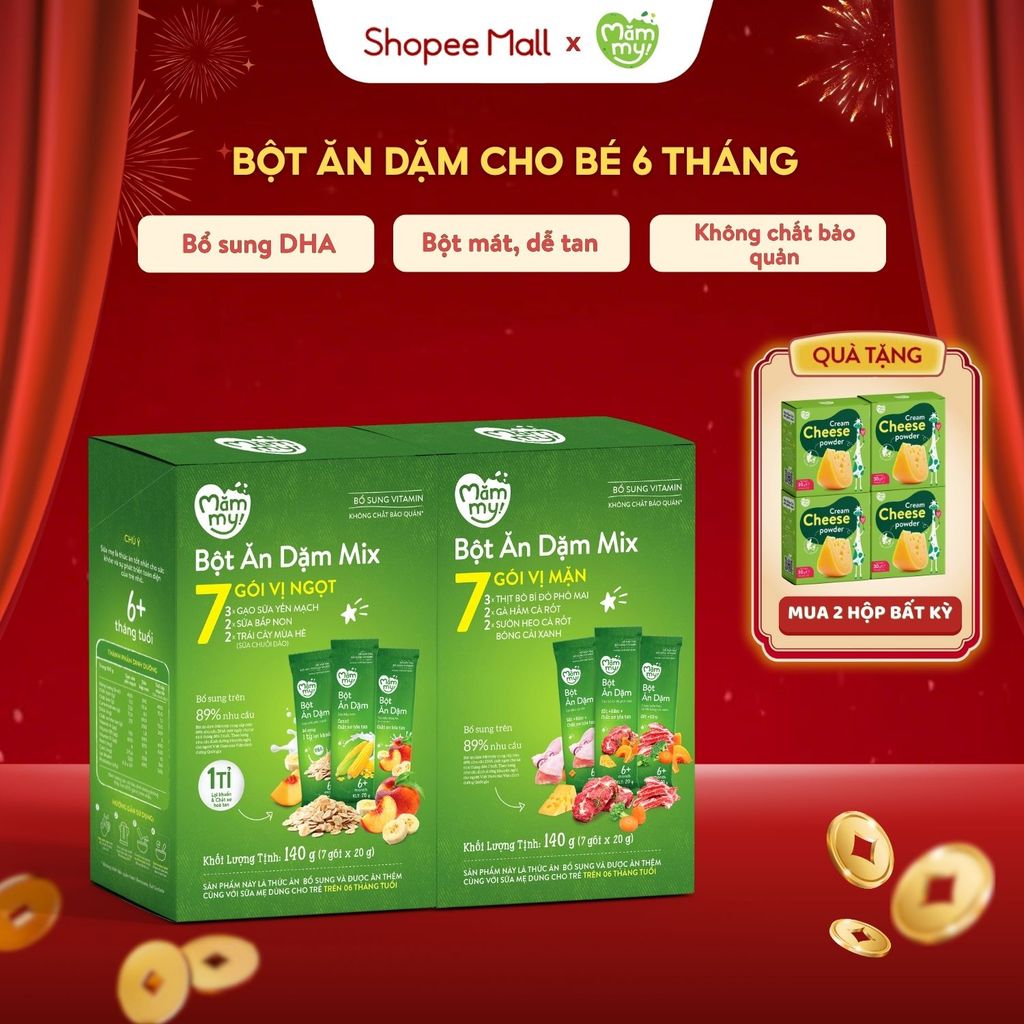 Bột ăn dặm cho bé Mămmy bổ sung DHA, canxi, sắt giúp bé phát triển khỏe mạnh, thông minh, hộp 7 gói