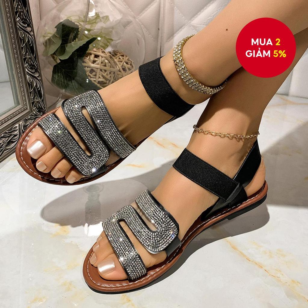 Nữ Mùa Hè 2026 Euro-Mỹ Kim Cương Giả Một Dây Xăng đan Phẳng Màu Đen Thoải Mái Plus Kích Thước Hàng N