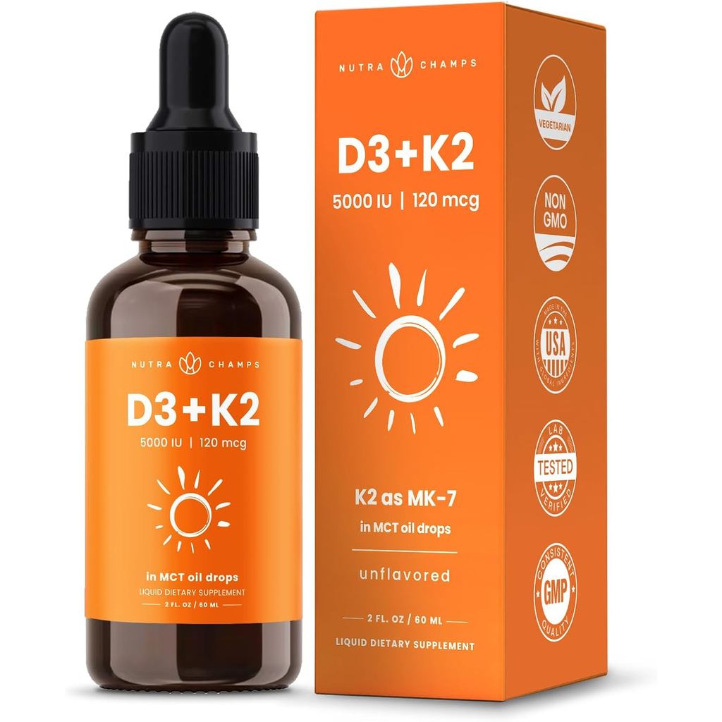 NutraChamps Vitamin D3 K2 Drops, Vitamin lỏng D3 5000 IU & K2 D3 với MK7, Vitamin D Drops cho trẻ em