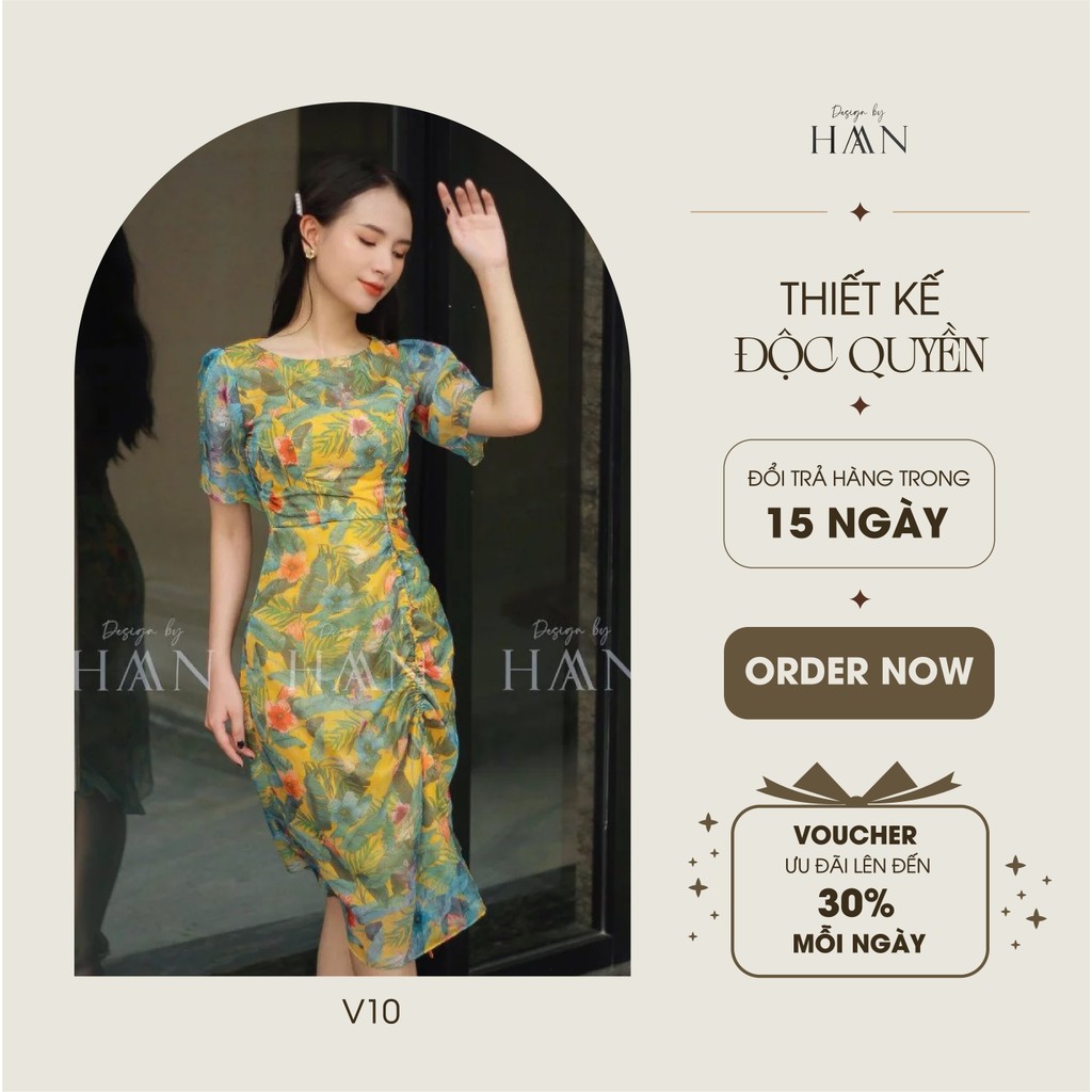 Váy hoa dáng dài HAAN DESIGN chiết eo chất liệu voan tơ mềm 2 lớp nhẹ nhàng hoa xanh (V10)