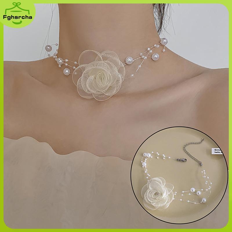 Chocker Ngoc Trai Phong Cách Mori, Hoa Trà My, Dây Bạc Trắng - Trang Sức Mùa Hè Cho Nữ