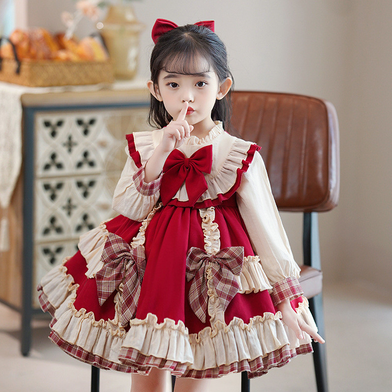 Hàng sẵn có lolita Girls 2024 Váy phồng sinh nhật phong cách phương Tây màu đỏ Váy lolita cho bé gái