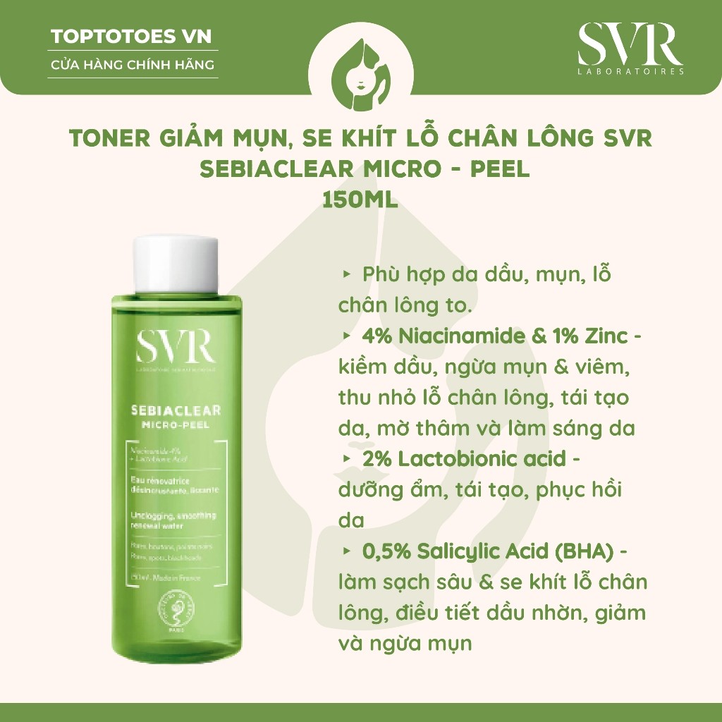 [HÀNG NHẬP KHẨU] Toner giảm mụn, se khít lỗ chân lông SVR Sebiaclear Micro-peel 150ml