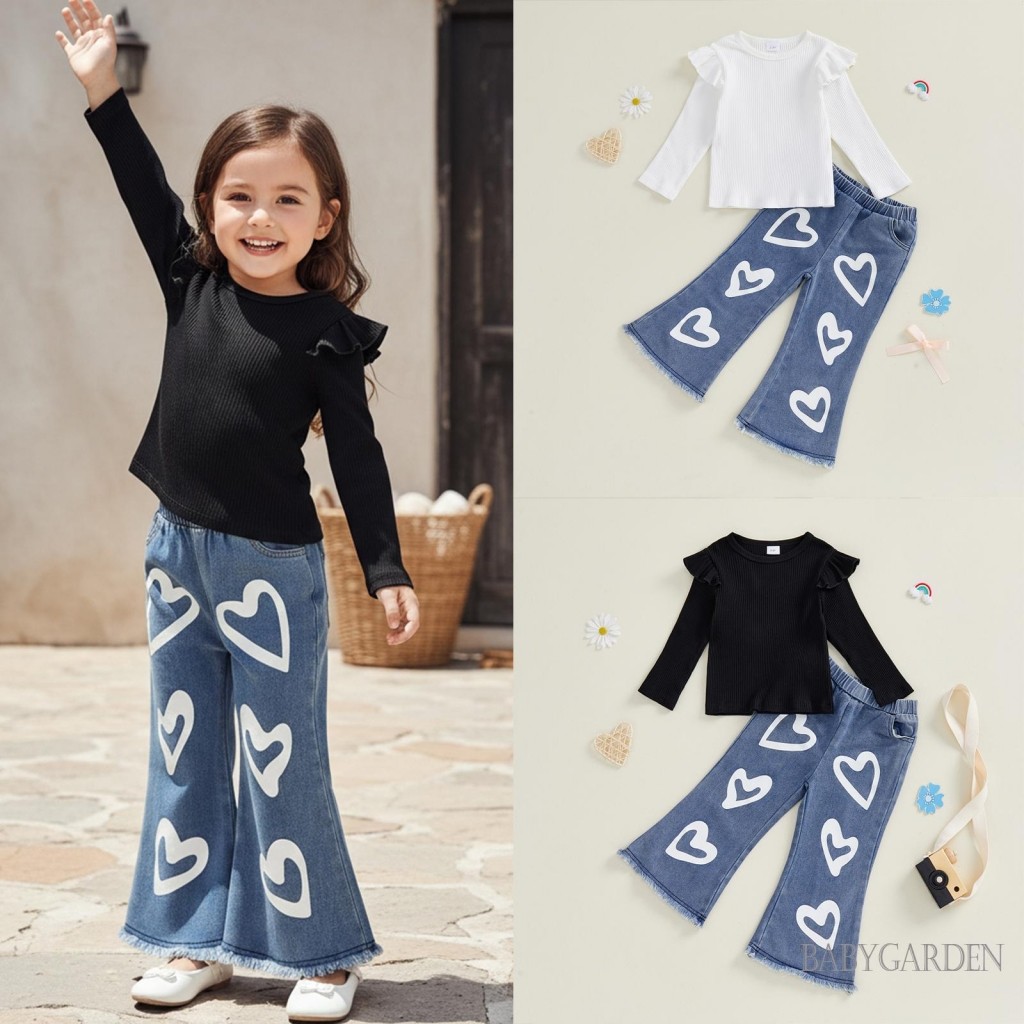 1-6 Tuổi Trẻ Em Bé Gái Mùa Xuân Thu Trang Phục Chắc Chắn Gân Dài Tay Áo Và Trái Tim loe Quần Jean 2 