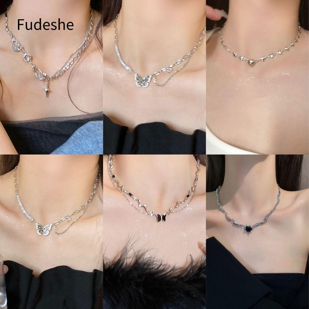 Necklace Fudeshe - Layered Heart Necklace from Alloy, Trendy Butterfly-Shaped Design for Women
