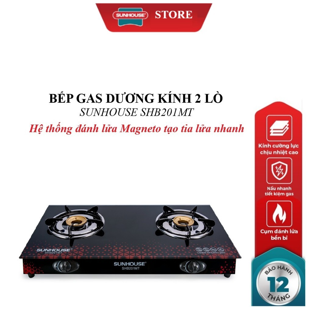 Bếp gas dương kính SUNHOUSE SHB201MT, Hệ thống đánh lửa Magneto tạo tia lửa nhanh, Kiềng bếp độc lập