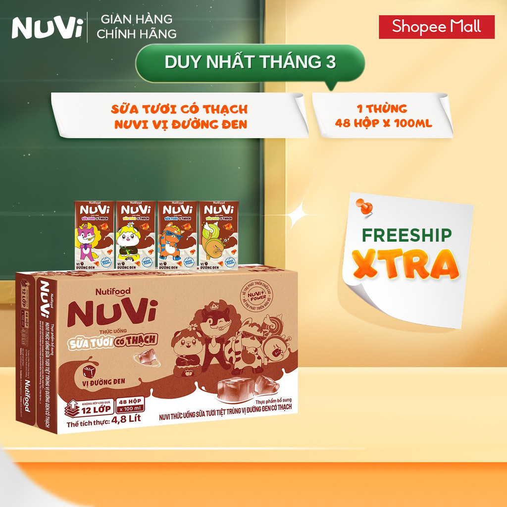 Thùng 48 Hộp Thức Uống Sữa Tươi Có Thạch NuVi Vị Đường Đen 100ml