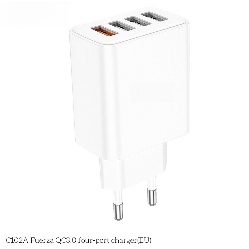 Củ sạc nhanh QC3.0 HOCO C102A có 4 cổng sạc USB, chân cắm tròn dễ sử dụng, sạc nhiều thiết bị cùng l