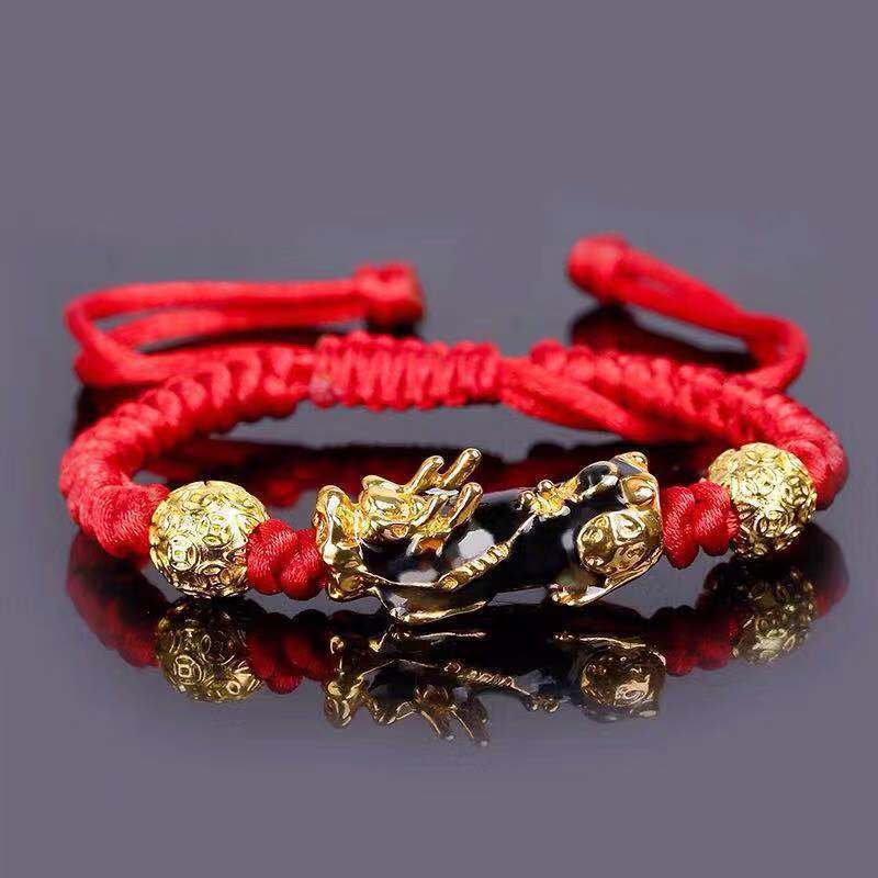 【Ready Stock】 New Hand Weaving Bracelet Fashion Red Black Rope Single Gold Pixiu Bracelet Fashion Co