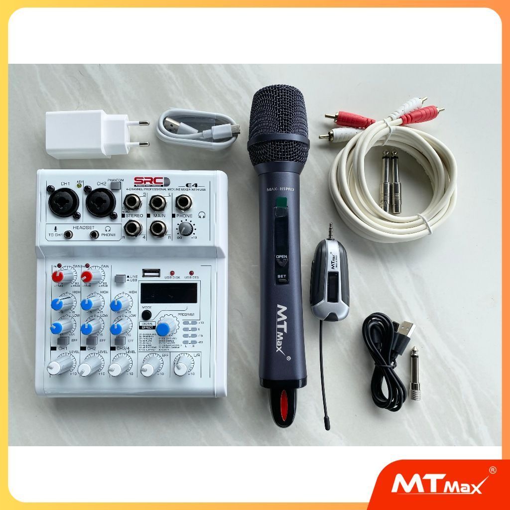 [  Tặng Dây ] Combo Mixer Karaoke E4 + Micro H1 Pin Sạc – bộ combo hát karaoke gia đình cực tiện