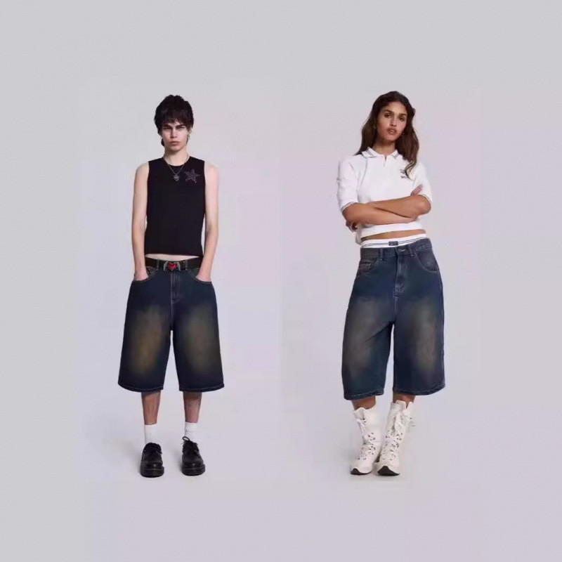 Jaded London Washed vintage loose-fitting slimming straight denim shorts, unisex style