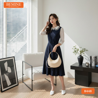 Đầm thiết kế BEMINE cổ sen phối ren thêu hoa dáng chữ A phù hợp đi làm-B448