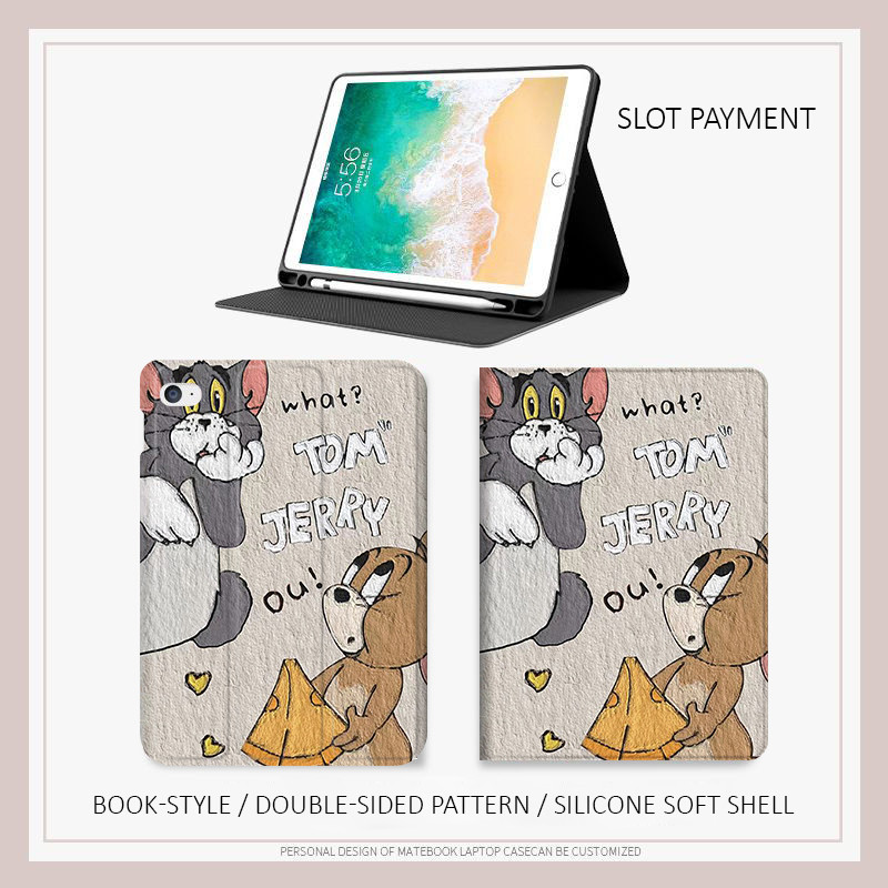 Bao da iPad Tom And Jerry cheese- Ốp lưng gấu ôm cho Air 4/5/6 M3, iPad Gen 11 A16, Pro 12.9 - Chống