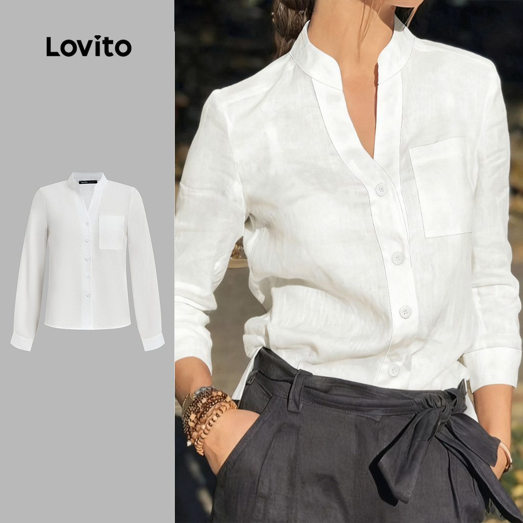 Lovito Áo sơ mi trắng mùa thu/đông nữ có túi LK2AD1092