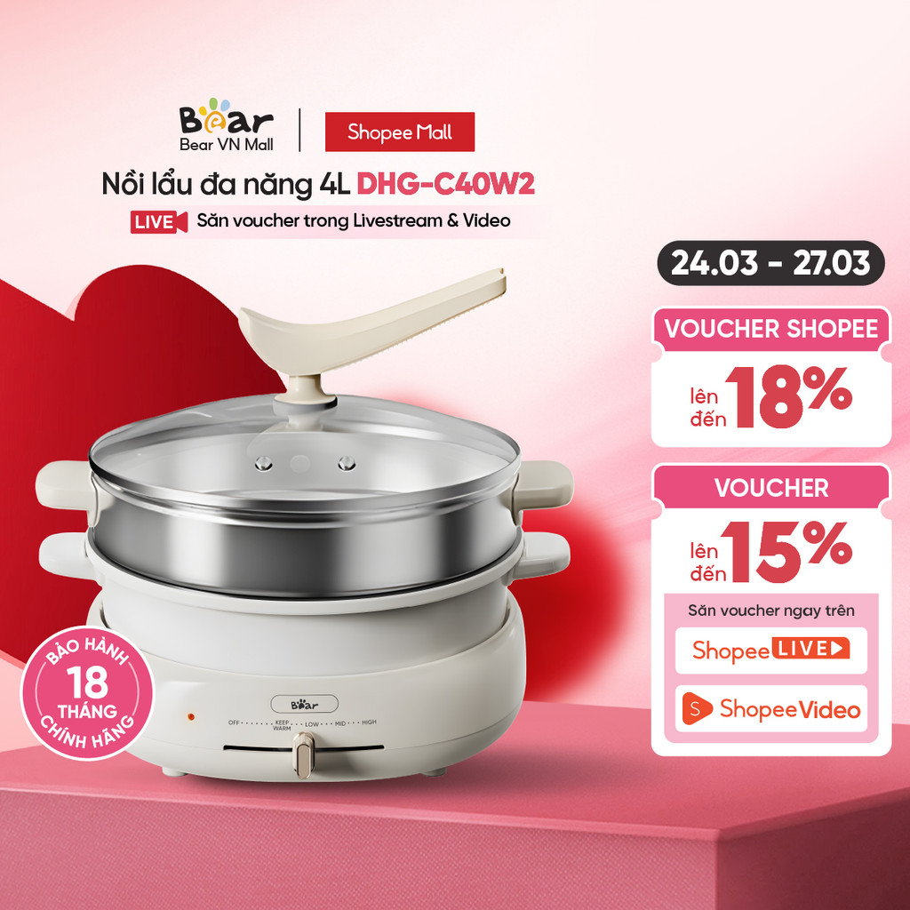 Bộ Nồi Lẩu Nướng Bear 3 khay 3in1 DHG-C40W2 - Hàng Chính Hãng