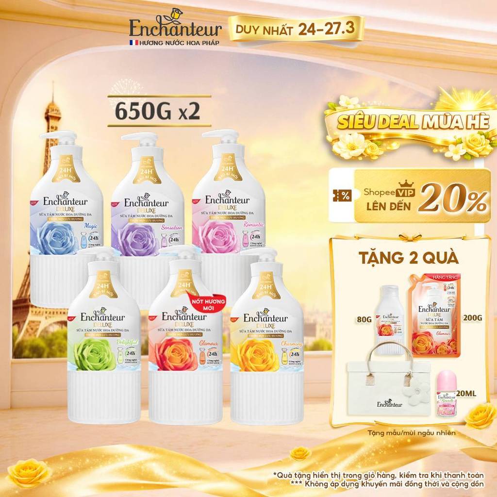 [CẢI TIẾN MỚI] Bộ 2 Sữa tắm hương nước hoa Pháp Enchanteur Deluxe 650g - Mềm mịn như lụa Lưu hương 24H