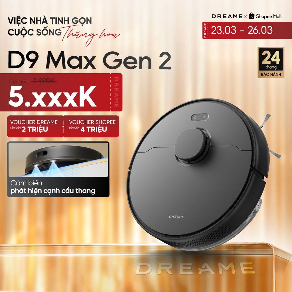 Dreame D9 Max Gen 2 - Robot Hút Bụi Lau Nhà Thông Minh, Lực Hút 6000Pa, Kích Thước 350x350x96.8mm