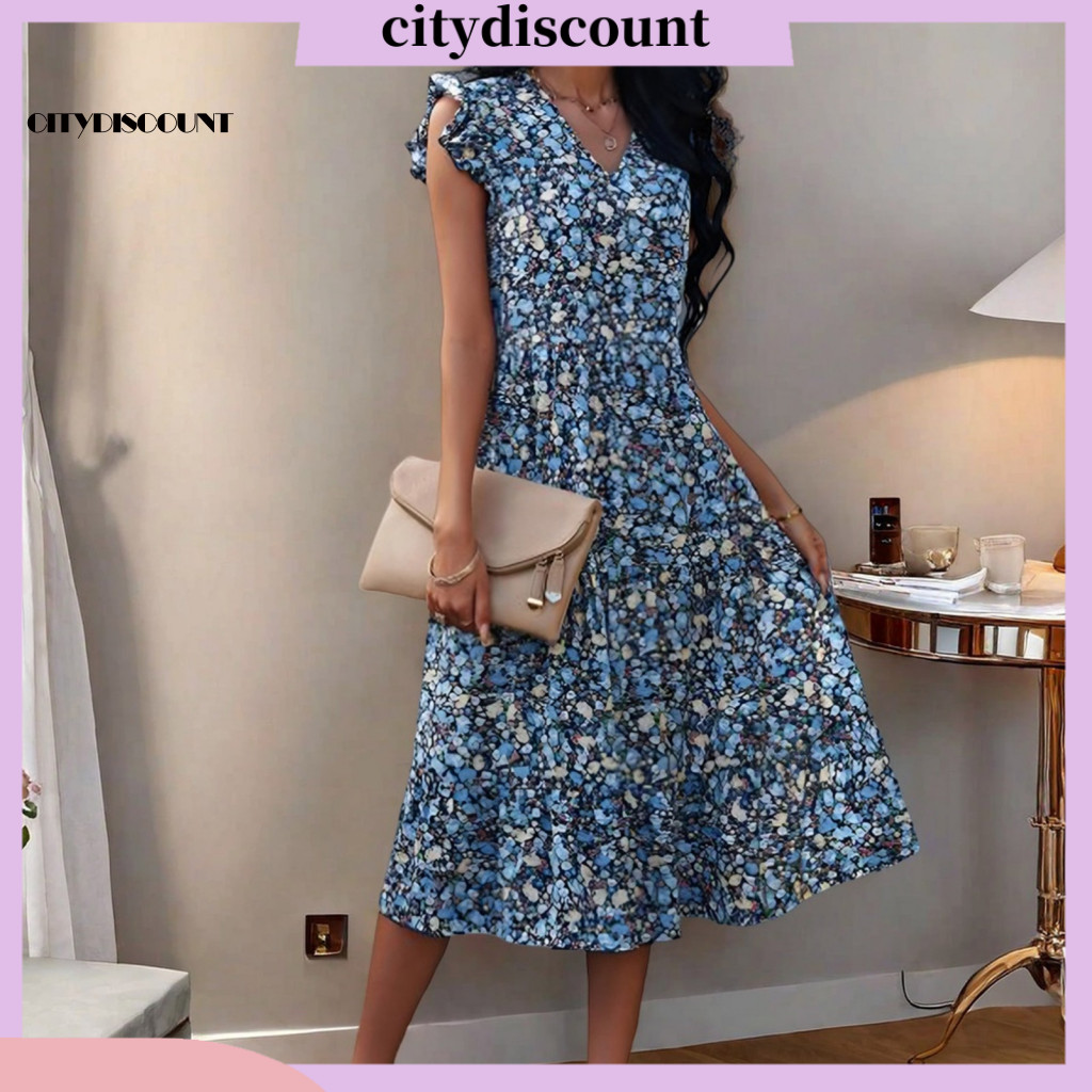 Váy Midi Hoa Cổ Chữ V Style Boho Cho Nữ, Phù Hợp Mùa Hè