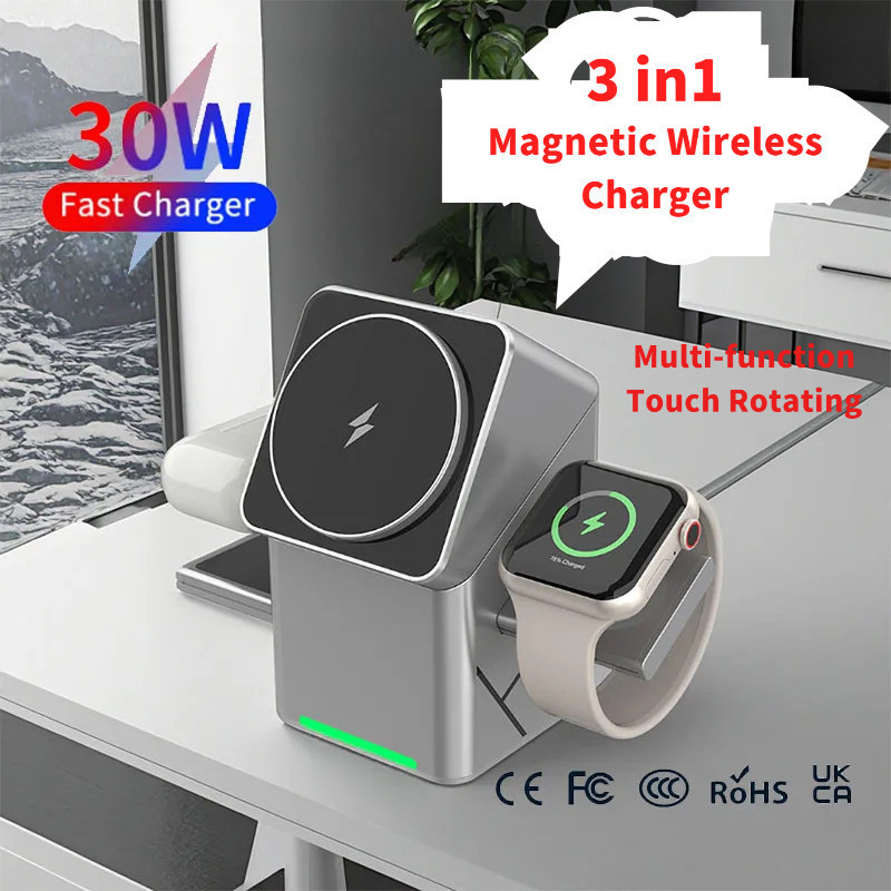 New 30W Rotating Magnetic Wireless Charger 3 in 1 Wireless Charger For iWatch Headphones Home Office