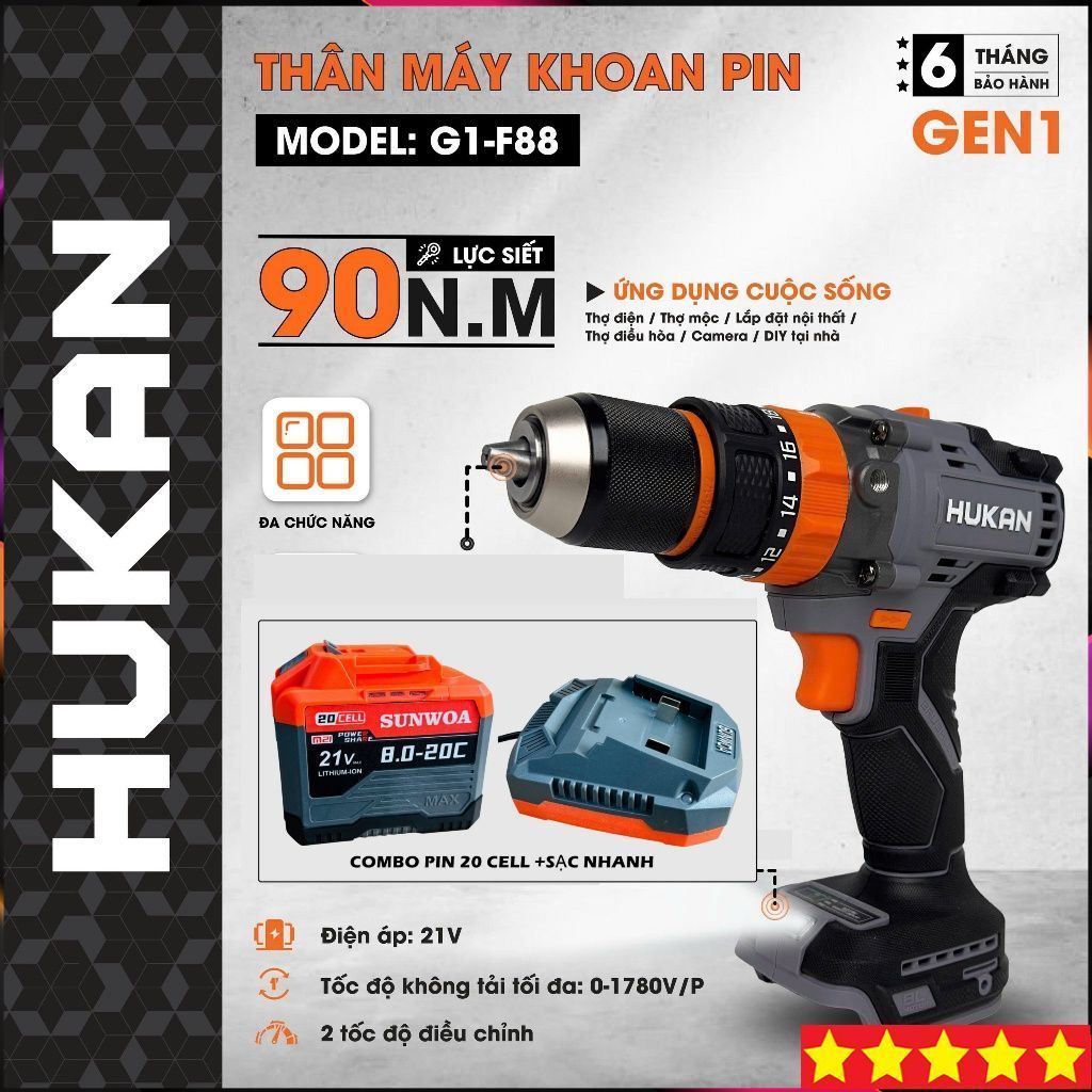 Máy Khoan Pin HUKAN G1-F88, Lực siết 90NM, Đầu Autolock 13MM, Chân pin phổ thông, Chất lượng
