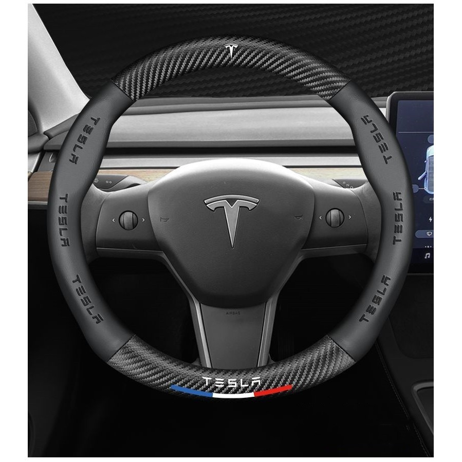 Vỏ bọc vô lăng ô tô bằng sợi Carbon bằng da Tesla Model S Model Y Model 3 Model X (size: 38cm)