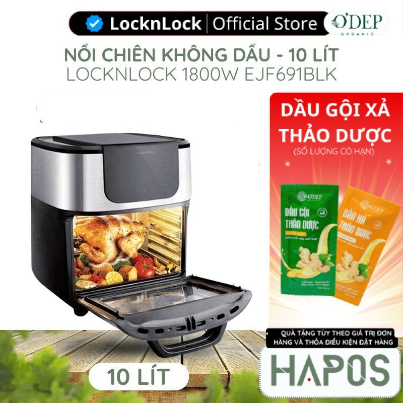 Lò nướng không khí 10 lít LocknLock Chính hãng Air Oven, Nhiều phụ kiện nấu nướng - Màu đen EJF691 -